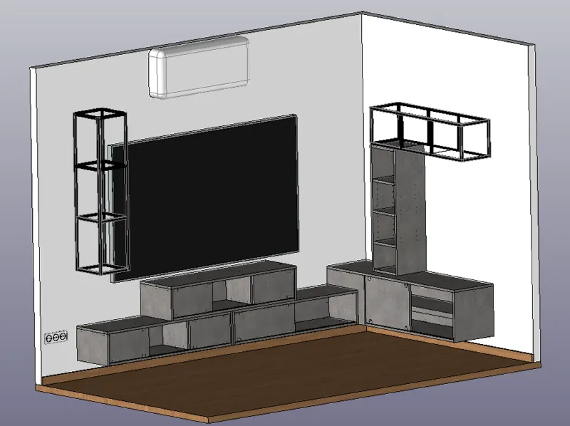 Modélisation 3D du meuble TV : caissons suspendus, colonne et étagères en acier